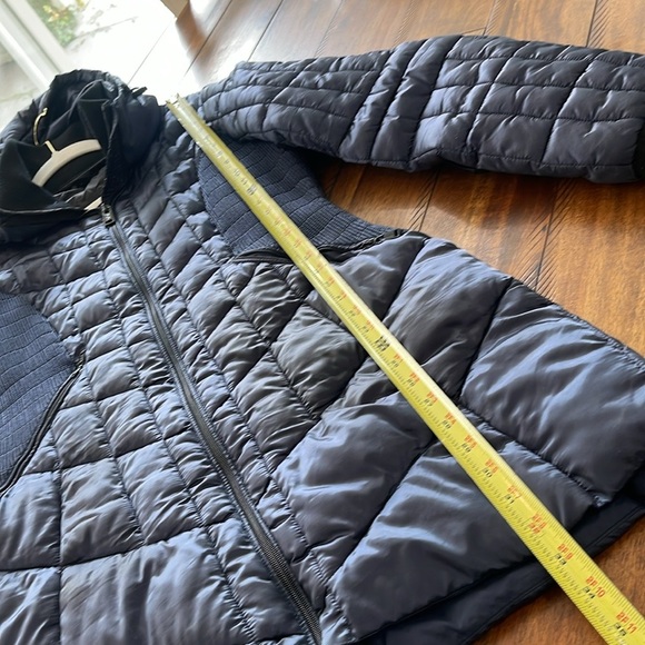 XOXO midnight blue long puffer quilted fitted hooded raincoat jacket sz Large - Picture 10 of 13